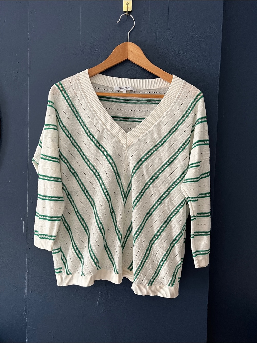 Gerard Darel Coastal Green-Striped V-Neck Sweater